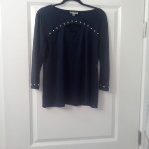 Navy Blue  Long Sleeve Top with Embellishments Size Medium By JM Collection